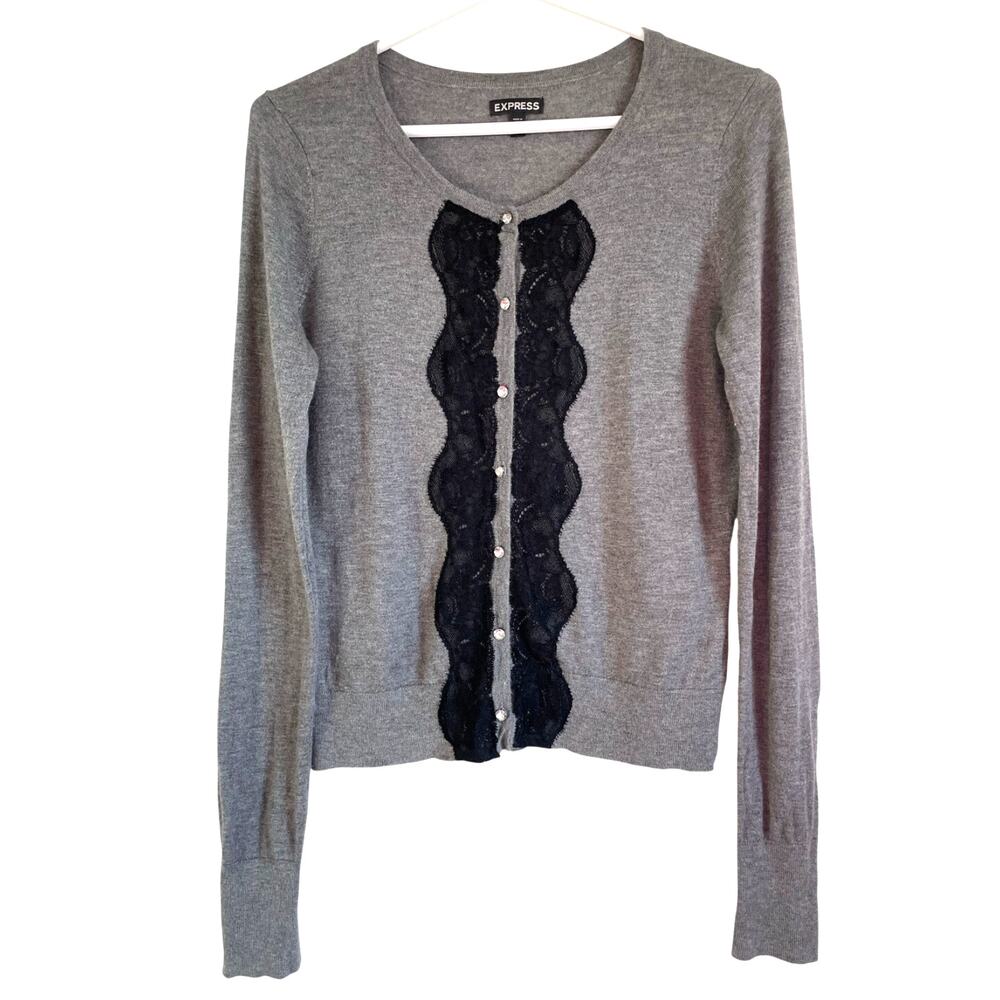 Express Cashmere Blend Cardigan Sweater Lace Rhinestone Buttons Gray Black Med